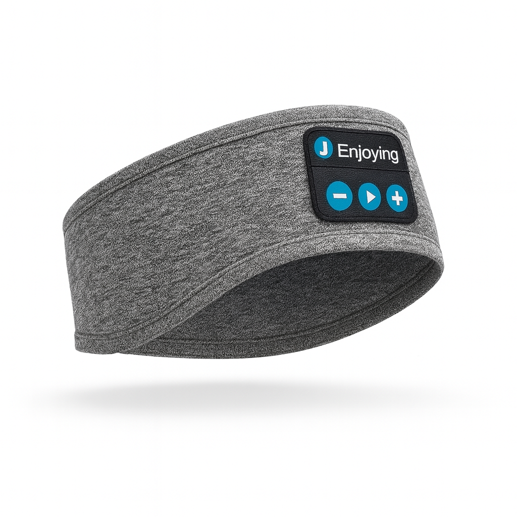 Gray headband with Bluetooth control panel on a white background