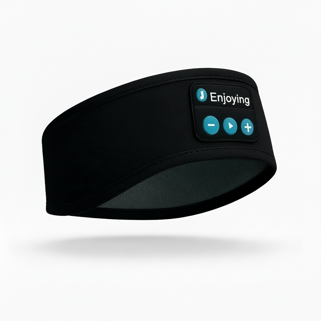 Black headband with Bluetooth control panel on a white background