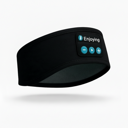 Black headband with Bluetooth control panel on a white background